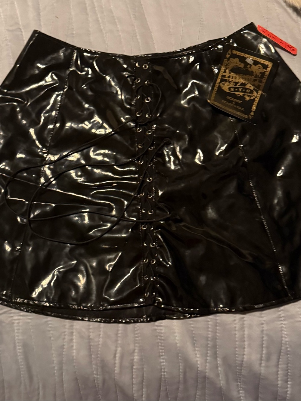 Black Lace-Up Vinyl Mini Skirt